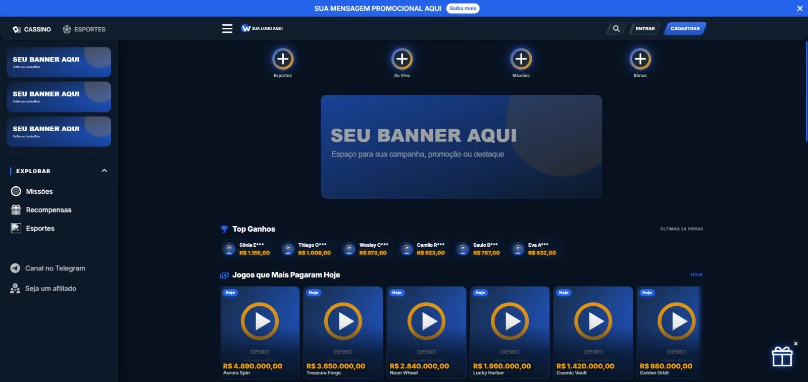 Interface desktop azul de cassino com menu lateral, banner central e jogos em destaque